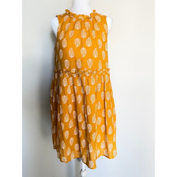 Lucky Brand Dresses & Skirts - Lucky Mustard Yellow Ruffle Neck Sleeveless Block Print Mini Dress Leaf Size S